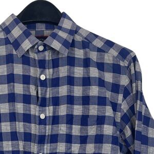 UNTUCKit "Anderson" Mens M Linen Blend Lightweight Button Up Blue‎ Plaid Check